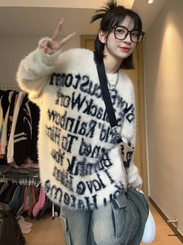 Already shipped Lazy Style Letter Pullover Round Neck American Retro Sweater Women's Autumn and Winter Knitwear