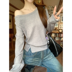 Actual shot of autumn and winter Korean style loose raglan temperament slanted shoulder button design with long-sleeved T-shirt top