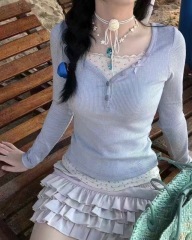 French lace fake two-piece long-sleeved bottoming shirt for women in spring and autumn pure desire bm ballet style floral short top