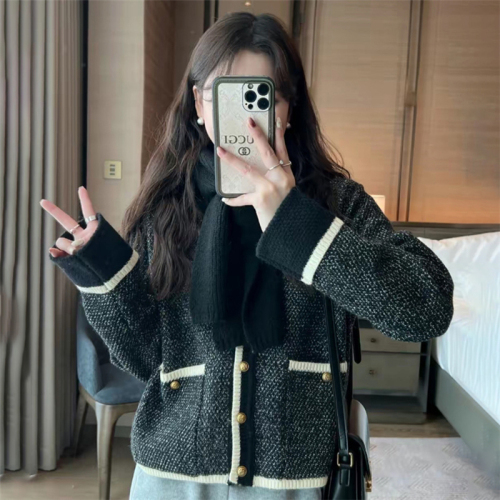 Xiaoxiangfeng contrast color sweater cardigan coat women's spring and autumn knitted sweater top