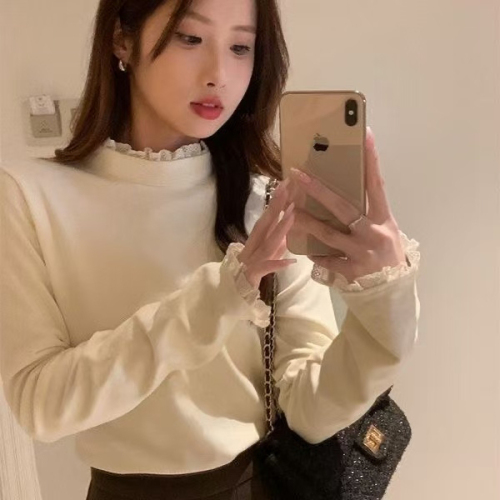 New style bottoming shirt with half turtleneck lace inner and ear-trimmed long-sleeved T-shirt top