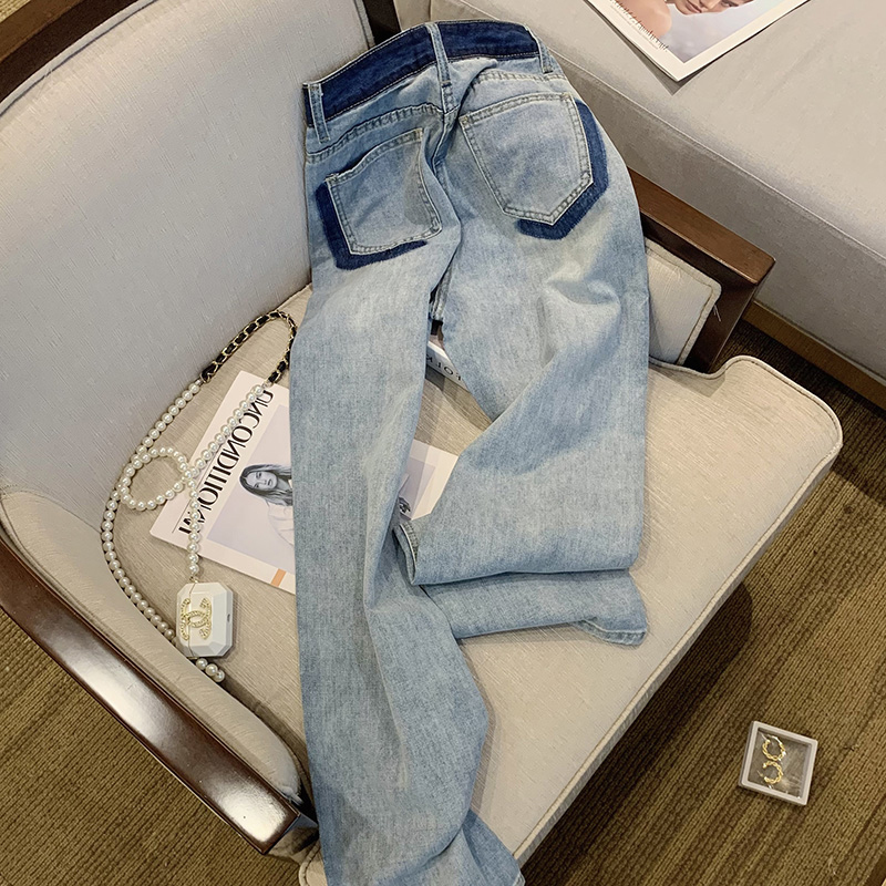 Official picture of high-quality contrasting color wide-leg jeans for women, high-waist slimming straight-leg wide casual trousers for women