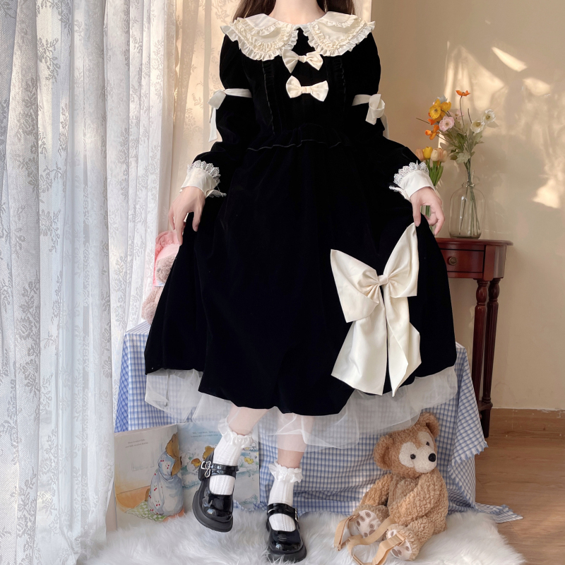 Big bow doll collar velvet long dress winter princess dress
