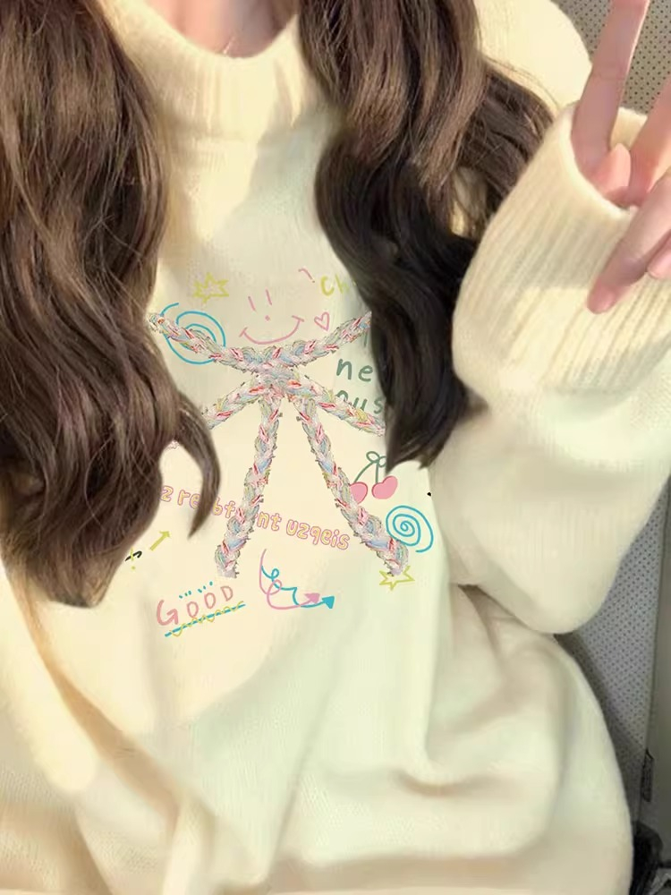 天貓品質綿羊絨秋冬季新款毛衣女寬鬆印花圓領長袖保暖針織衫