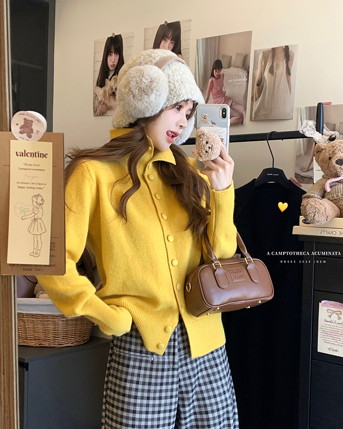 Live Shot~ Autumn/Winter New Korean Style Loose Lazy Gentle Women's Long-Sleeve High Collar Versatile Knit Cardigan