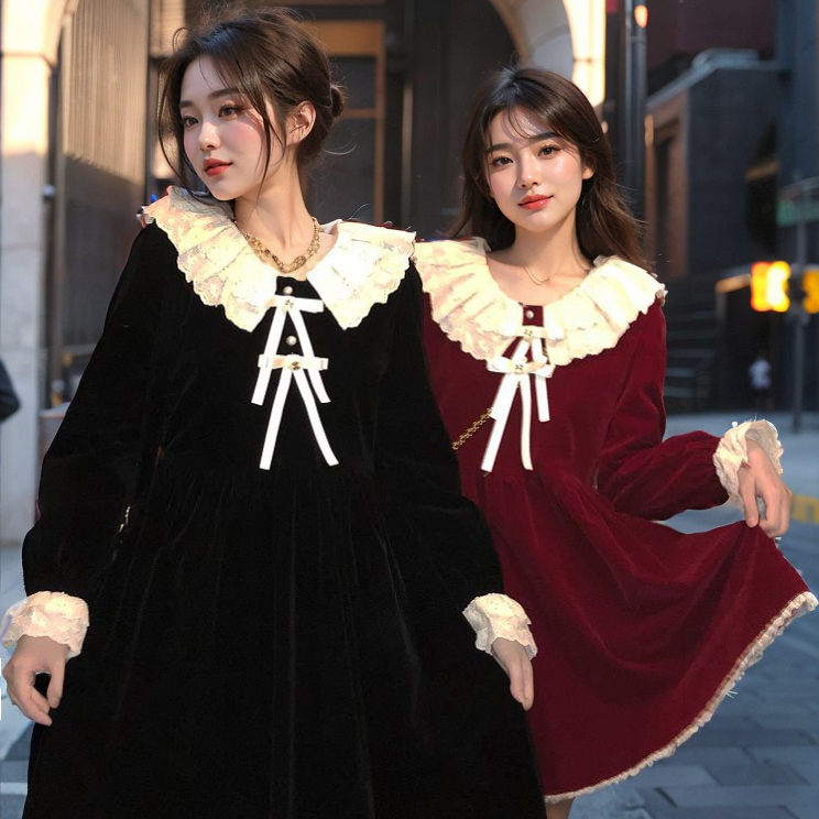 Shipped Ladylike Style Skirt Autumn and Winter Plus Size Women's Christmas Velvet Doll Collar Lace Dress