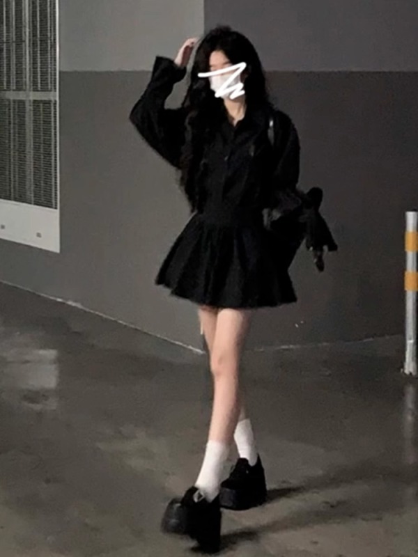 Korean style black shirt dress two-piece suit for early autumn new style complete set
