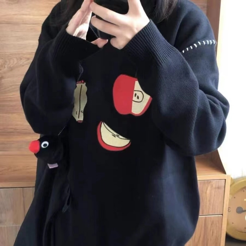 New Autumn and Winter Retro Jacquard Pullover Sweater Women's Lazy Loose Korean Hong Kong Style Black Round Neck Sweater Top