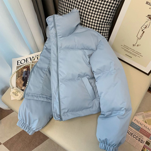 Blue simple short stand collar cotton jacket for women warm bread coat