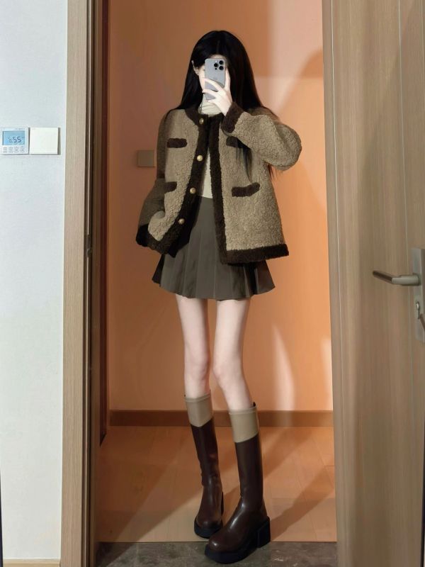 Xiaoxiangfeng Lamb Wool Jacket Women's Autumn and Winter New Korean Style Short Fur One-piece Lamb Wool Top Set