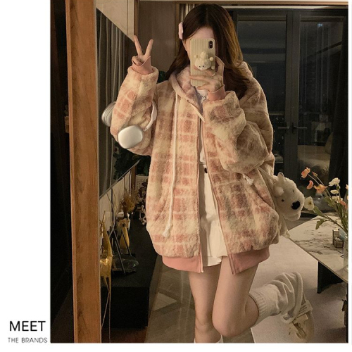 2024 winter new Korean style cute loose small fragrant imitation lamb wool plaid sweatshirt for men and women outer student sets