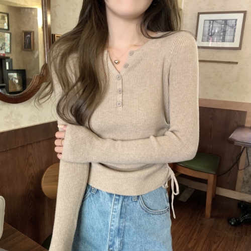Autumn Korean style slim-fitting solid color pleated design knitted long-sleeved bottoming sweater for women