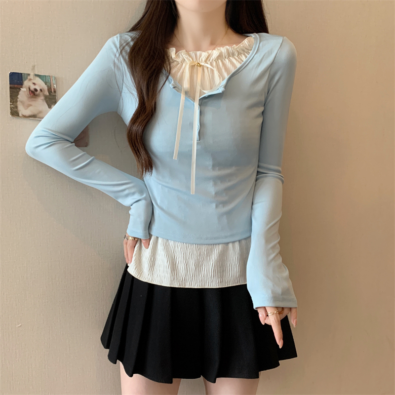 Large size design contrasting fake two-piece long-sleeved T-shirt for women in autumn new fat mm slimming fungus bottoming top
