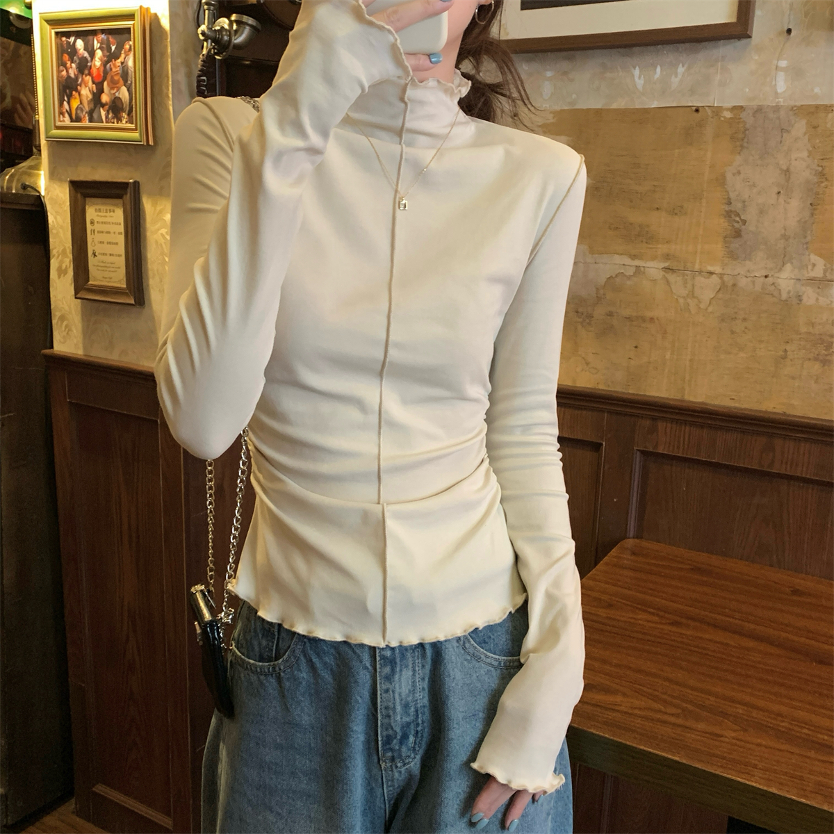 Actual shot of autumn and winter Korean style semi-open collar fungus pleated slimming pure cotton bottoming long-sleeved T-shirt top