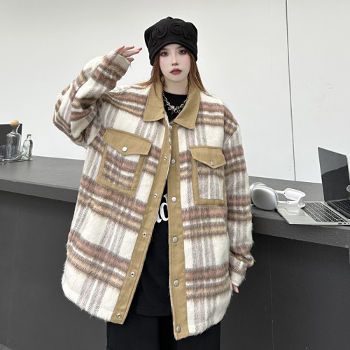 Long wool plaid coat women's autumn and winter new loose high street contrasting color stitching lapel jacket