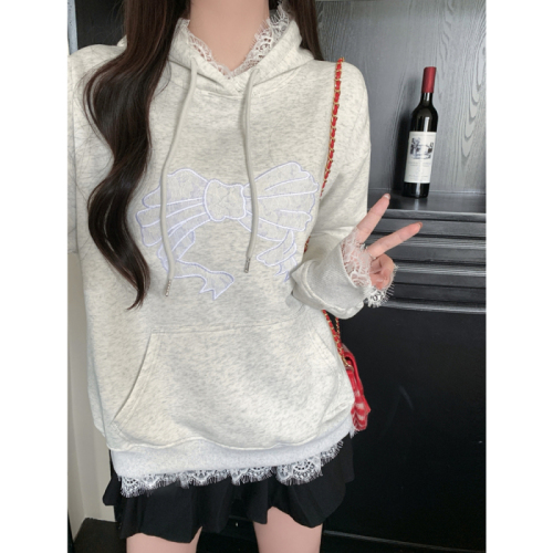 Real shot Chinese cotton composite lace hooded sweatshirt for women spring and autumn thin bow embroidery