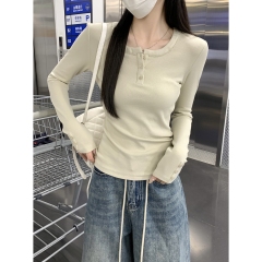 Real shot of autumn and winter Korean style temperament square collar button design long-sleeved inner bottoming T-shirt top for women