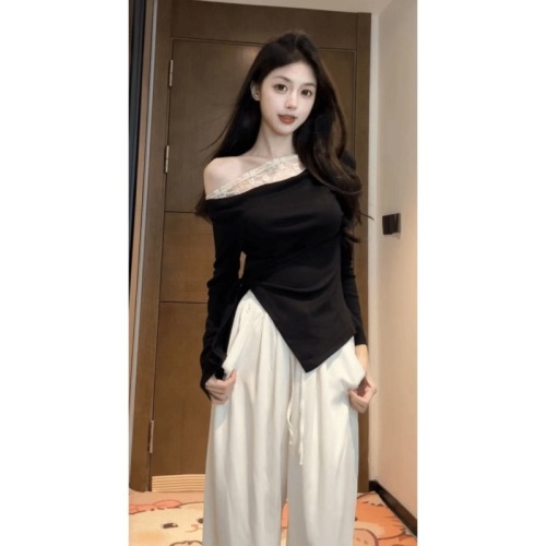 Off-shoulder lace splicing irregular long-sleeved design T-shirt 2024 Hot Girl New Slim Fit Fake Two-piece Top