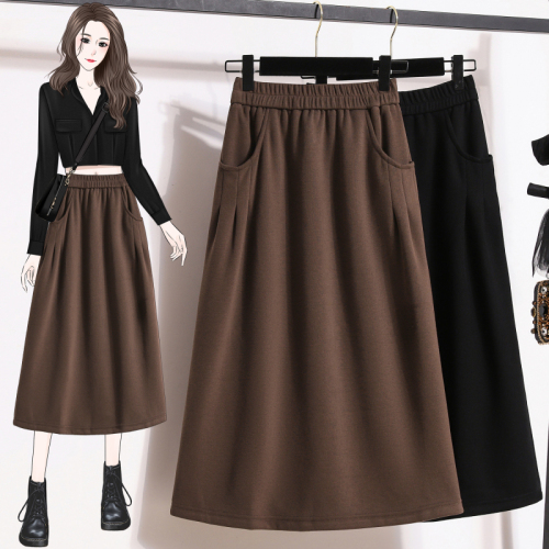 2024 Autumn and Winter Large Size Stretch Skirt Simple and Versatile Slim Casual Loose H-Line Skirt Long Skirt Mid-Waist Women