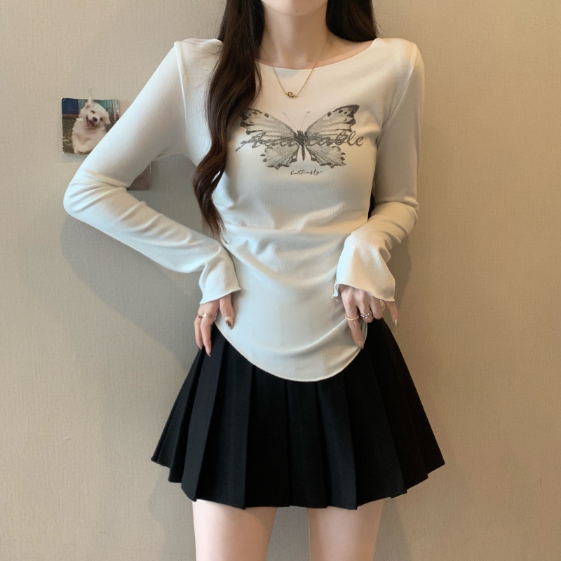 Plus size hot girl butterfly print long-sleeved T-shirt autumn new retro slim slim waist bottoming top