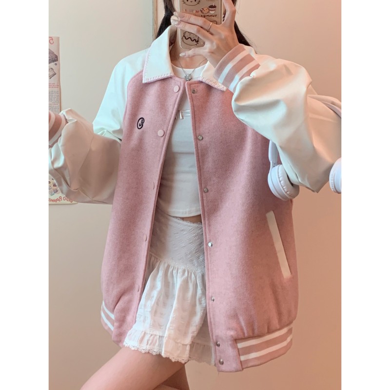 American retro college style baseball uniform jacket for women autumn sweet and cool embroidered loose woolen jacket top