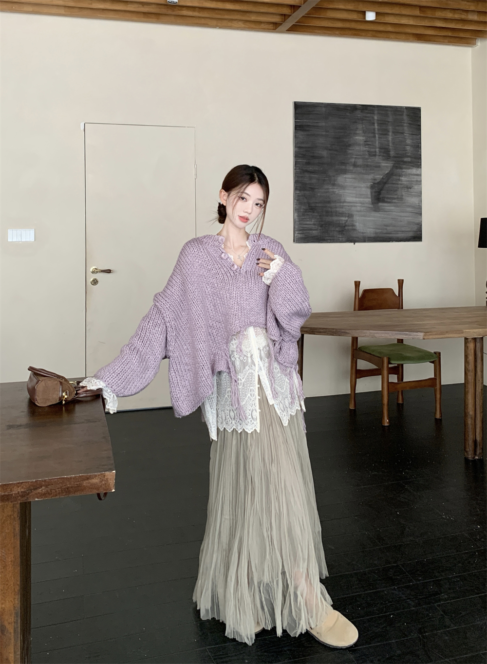 Hand-painted Autumn/Winter Lazy Super Thick Hand-knitted Hem with Irregular Tassel Sweater + chiffon Dress