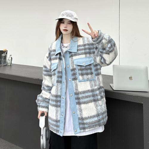 Long wool plaid coat women's autumn and winter new loose high street contrasting color stitching lapel jacket