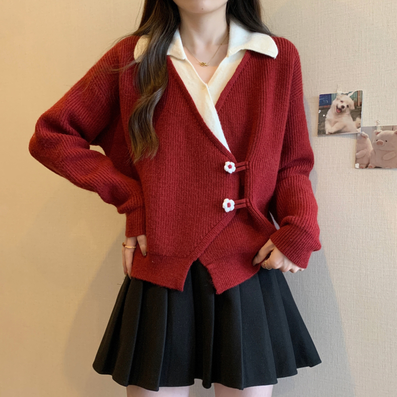 New plus size women's fat mm fake two-piece V-neck red loose versatile sweater knitted cardigan top trendy