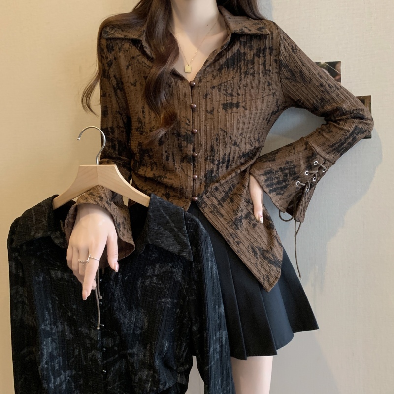 2024 new plus size women's French V-neck shirt, slim waist, slimming long-sleeved cardigan shirt
