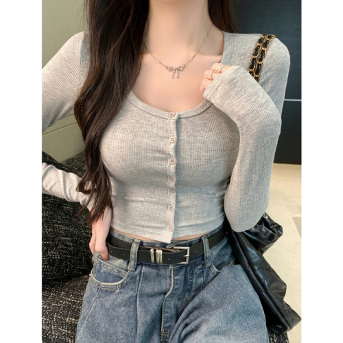 Real shot of rayon 2*2 260g European and American ins style single-breasted slim long-sleeved T-shirt for hot girls