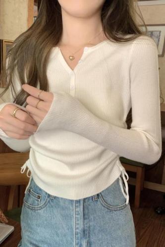 Autumn Korean style slim-fitting solid color pleated design knitted long-sleeved bottoming sweater for women