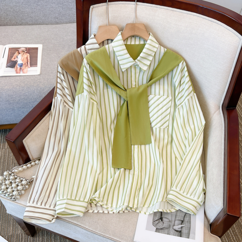 Early autumn new plus size women's fat mm design striped fake two-piece shirt casual shawl top