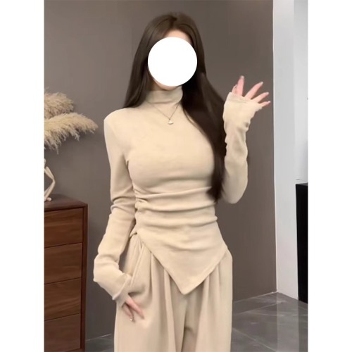 Large size pure desire plus velvet half turtleneck inner top autumn and winter high-end temperament irregular bottoming shirt long-sleeved T-shirt