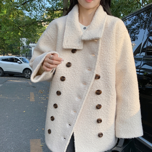 Autumn and winter new style gentle style double-breasted loose warm top lambswool stand collar unique mid-length cardigan jacket