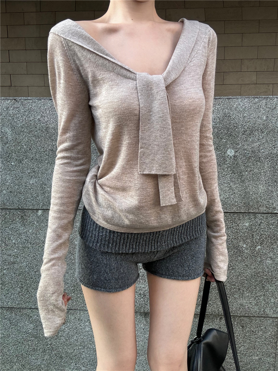Retro lace splicing sweater early autumn new slim fit pure lust style inner bottoming long-sleeved top for women