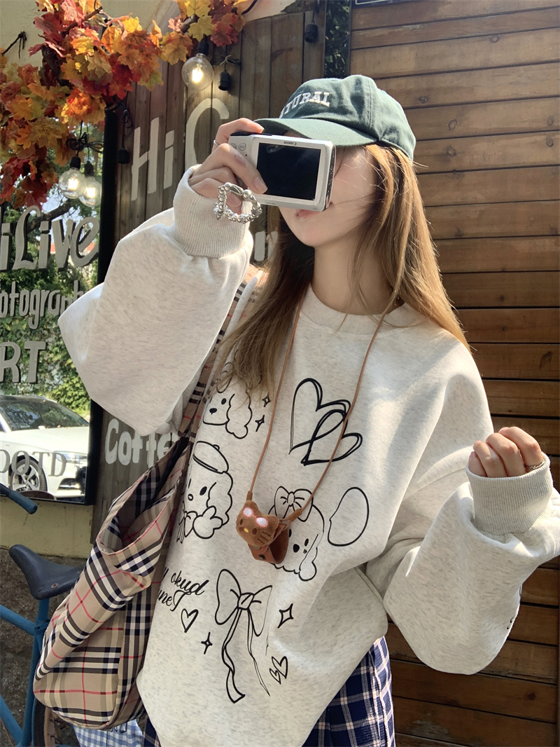 Photographed~Korean-style cute puppy bow print loose lined silver fox fur hoodie
