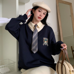 Loose sweatshirt college style fake two-piece Polo collar fat mm loose jacket top