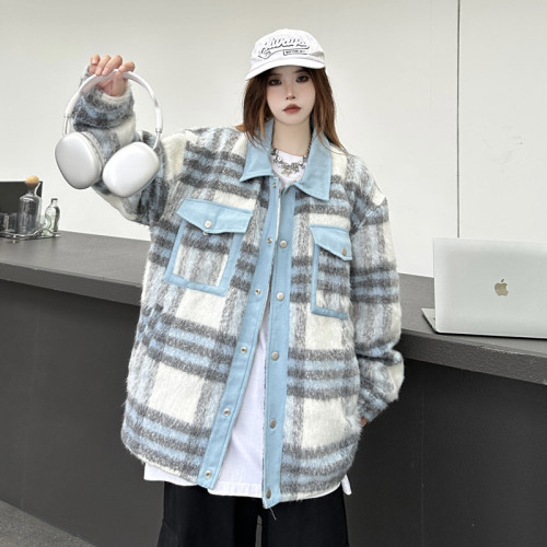 Long wool plaid coat women's autumn and winter new loose high street contrasting color stitching lapel jacket