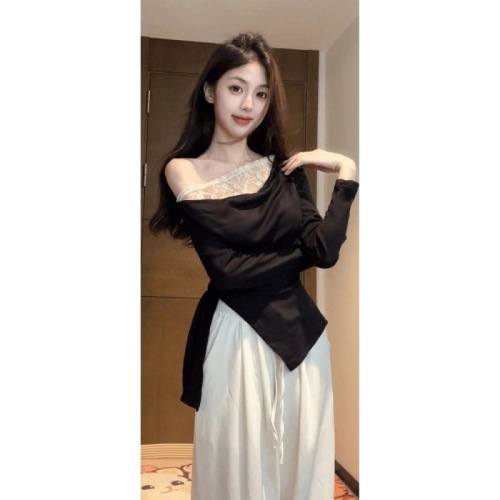 Off-shoulder lace splicing irregular long-sleeved design T-shirt 2024 Hot Girl New Slim Fit Fake Two-piece Top