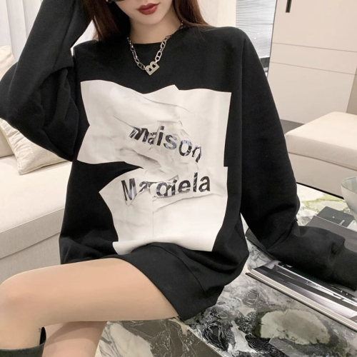 Black round neck sweatshirt for women 2024 new loose spring and autumn jacket mid-length style