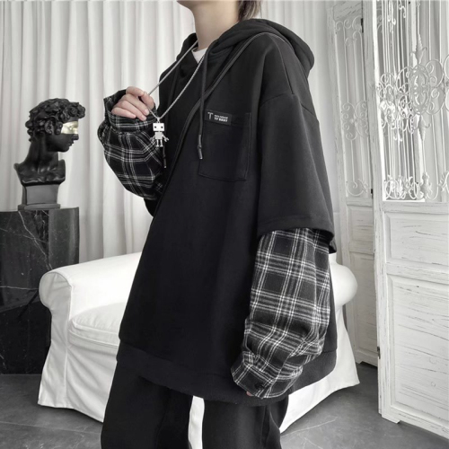 Fake two-piece Korean style loose lazy style pullover top autumn new casual trendy hooded sweatshirt