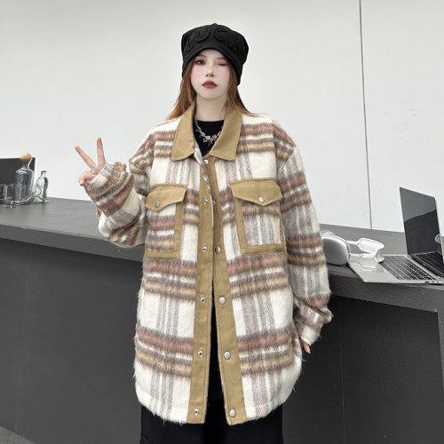 Long wool plaid coat women's autumn and winter new loose high street contrasting color stitching lapel jacket