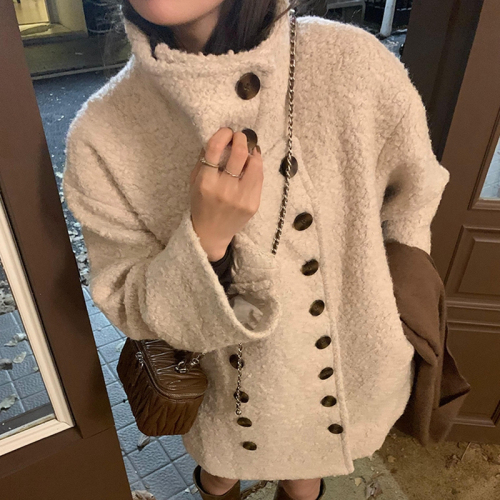 Autumn and winter new style gentle style double-breasted loose warm top lambswool stand collar unique mid-length cardigan jacket