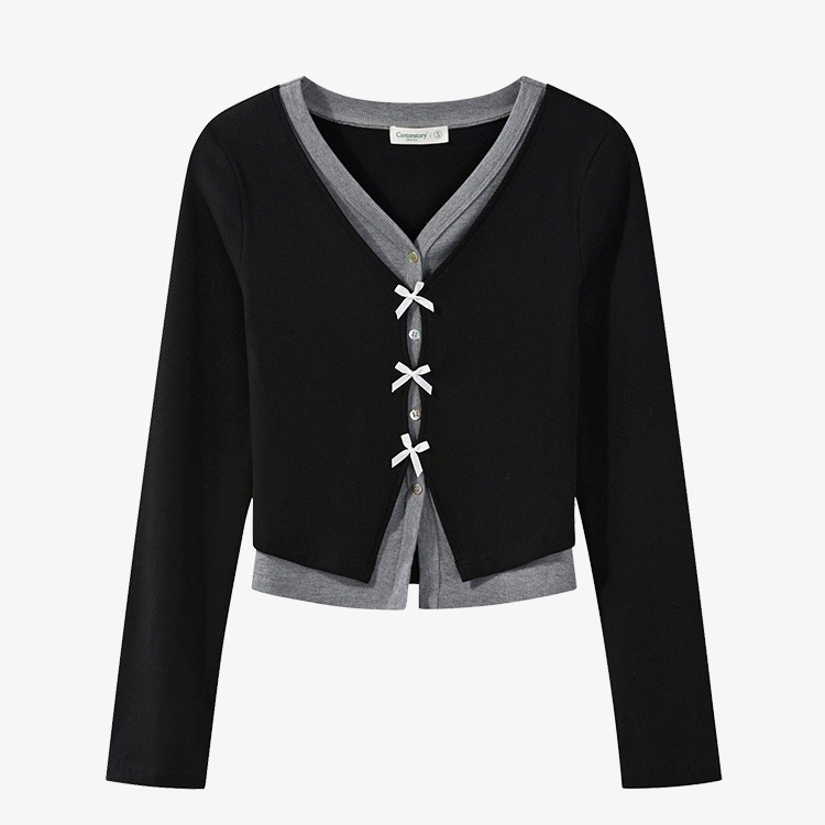 Original and fake two-piece contrasting color splicing V-neck long-sleeved T-shirt for women in early autumn slimming short top