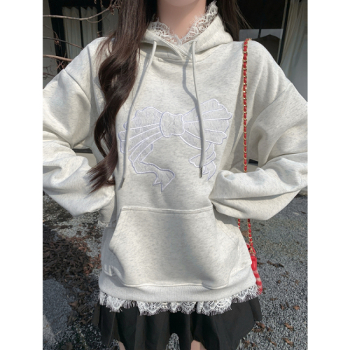 Real shot Chinese cotton composite lace hooded sweatshirt for women spring and autumn thin bow embroidery