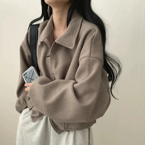 Korean chic autumn and winter French age-reducing lazy loose double pocket zipper lapel drawstring waist short coat for women