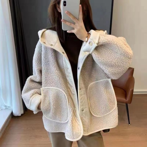 2024 hooded simple casual fashion cardigan little man top autumn and winter new plush sherpa jacket