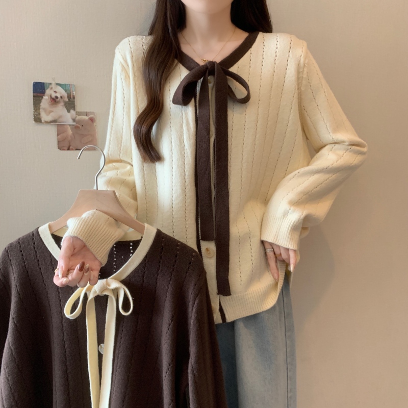Large size French V-neck lace-up knitted cardigan autumn and winter new fat mm slimming sweater