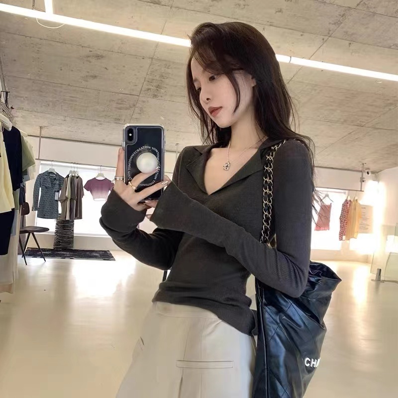 Sexy and cute polo collar sweater for women in early autumn, thin design, bottoming wool top