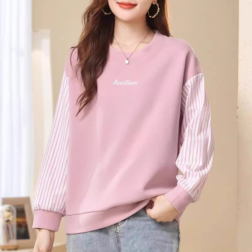 Original workmanship pink round neck sweatshirt for women 2024 new autumn coat splicing loose pullover top